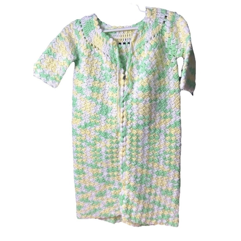 Vintage Crochet Baby One Piece Gown With Zipper Yellow Green White 1970s